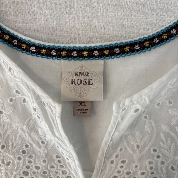 Knox Rose XL White Eyelet Boho Peasant Tunic Top Short Sleeve Eyelet Embroidery - Picture 10 of 16